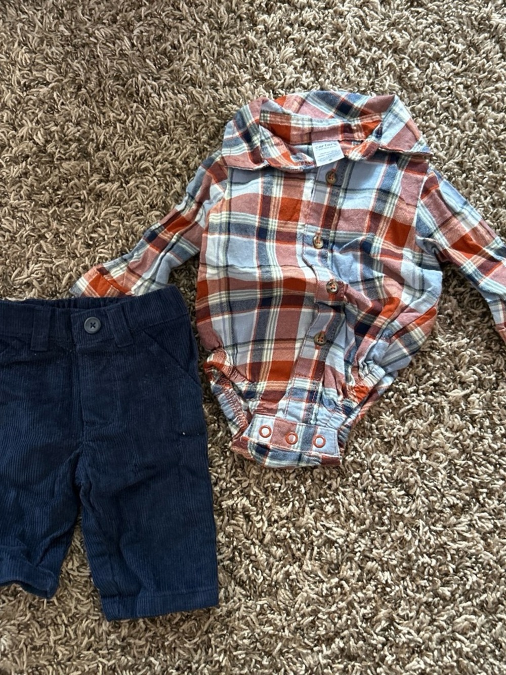 Carter's Plaid Button-Up Bodysuit & Navy Corduroy Shorts Set